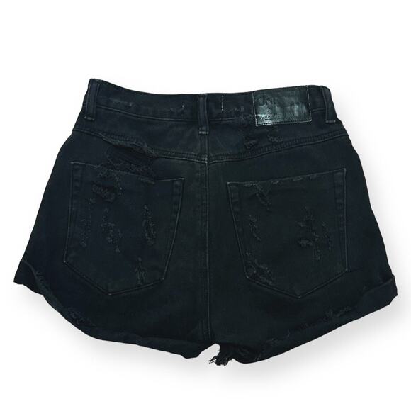 ONE TEASPOON HAWKS Relaxed Jean Shorts High Rise Twisted Cuff Ripped Black 26 - Picture 2 of 10
